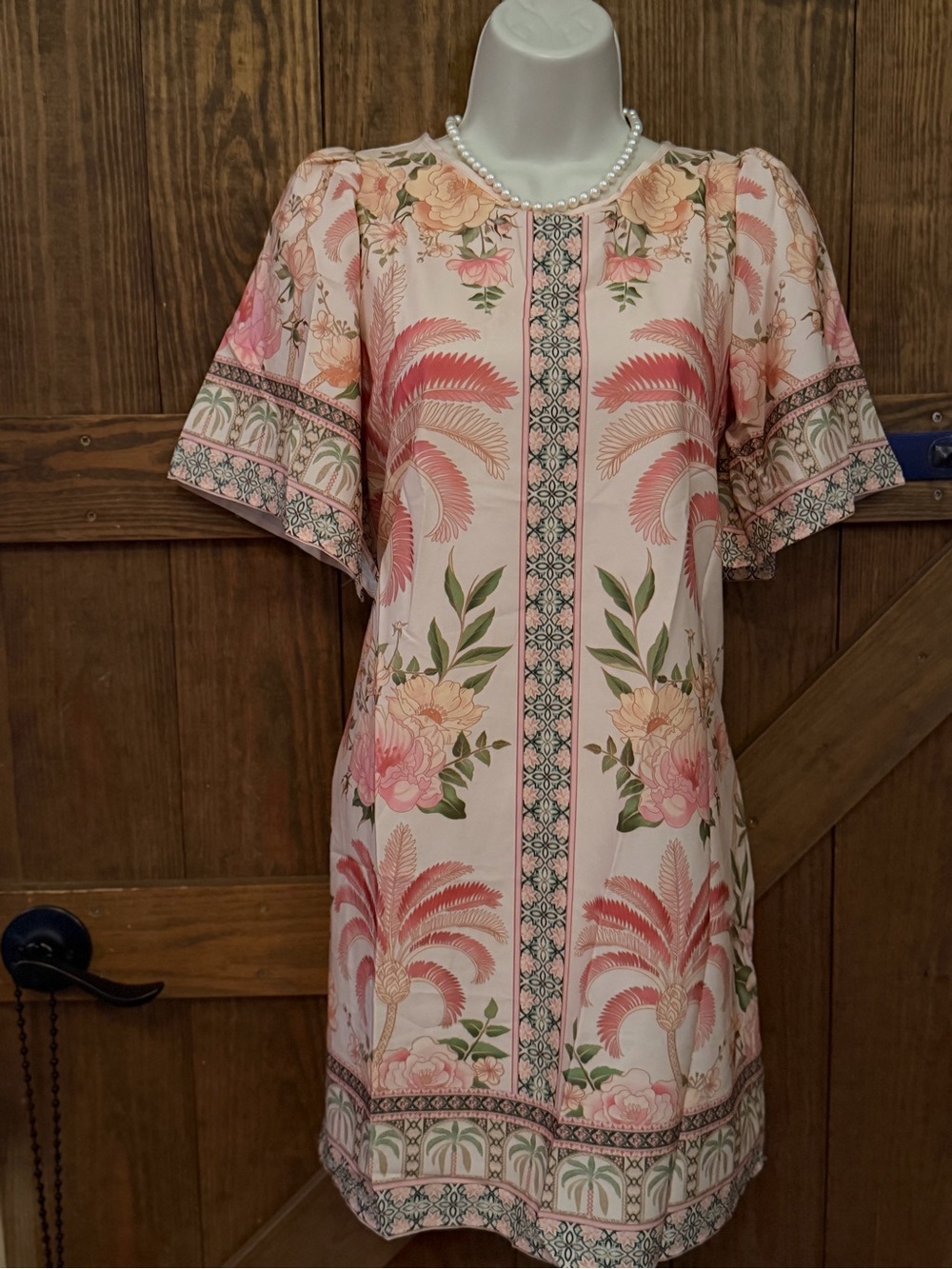 SHEIN Blush Pink Floral Border-Print Shift Dress